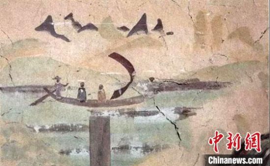 “一人搖櫓晃扁舟，兩人撐篙水上漂?！眻D為莫高窟第323窟《搖櫓帆船》（初唐）?！《鼗脱芯吭汗﹫D