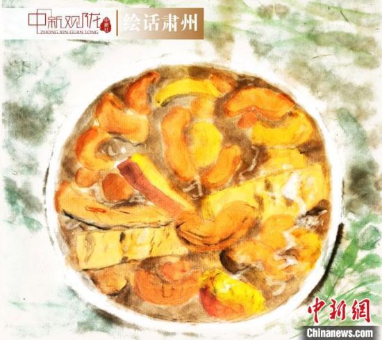 圖為酒泉美食“糊鍋”繪畫作品?！《排d彥 攝