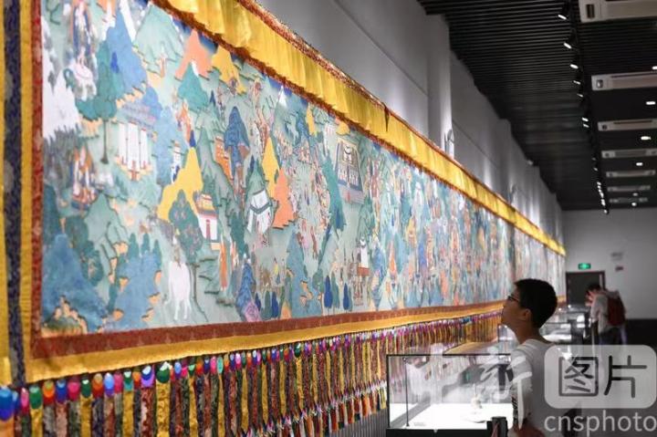 圖為一名小朋友觀看唐卡《涼州會(huì)盟》。 中新社記者 戴文昌 攝
