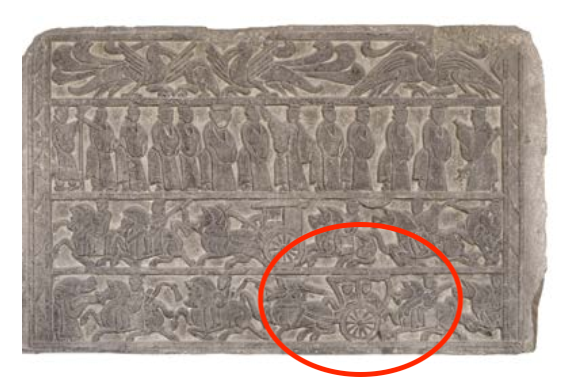 △漢代迎賓、車(chē)馬出行畫(huà)像石，現(xiàn)藏于臨沂市博物館。畫(huà)像石的第四層中有軺車(chē)出現(xiàn)。