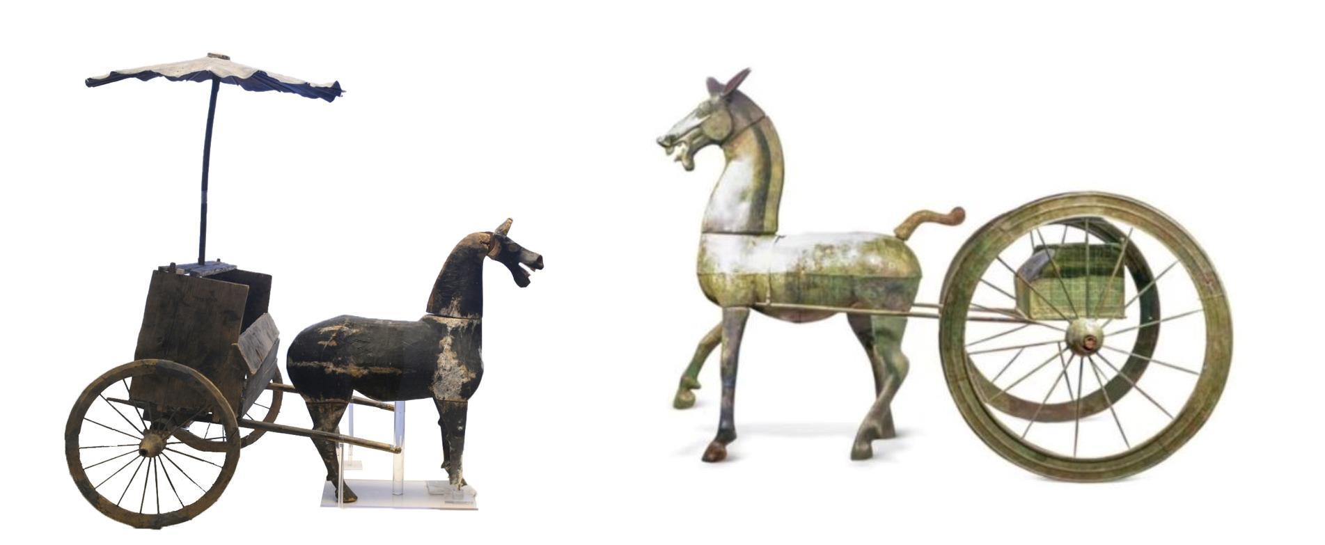 △左為漢代木軺車(chē)，藏于青海省博物館；右為東漢銅車(chē)馬，藏于黔西南州博物館。